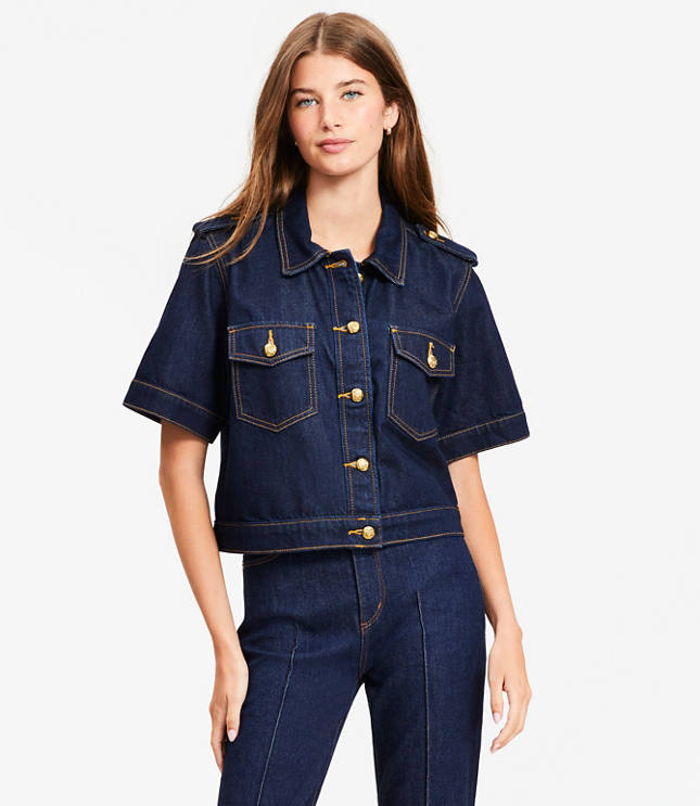Petite Short Sleeve Denim Jacket in Classic Rinse Wash