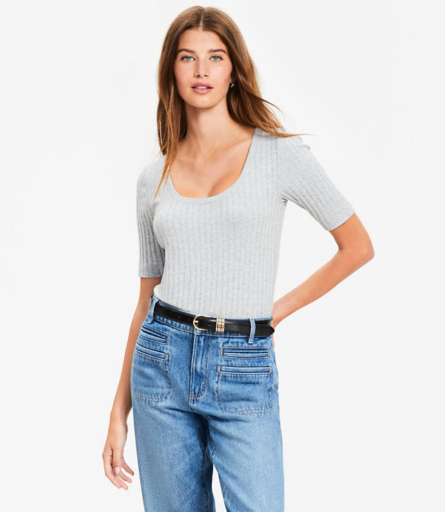 Petite Heathered Ribbed Scoop Neck Tee