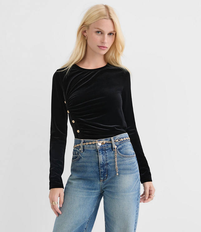 Velvet Ruched Button Top