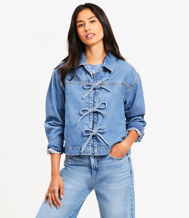 Petite Denim Bow Top Bright Mid Indigo Wash