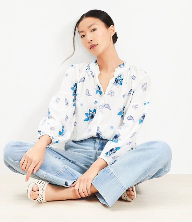 Petite Paisley Ruffle Neck Poet Blouse