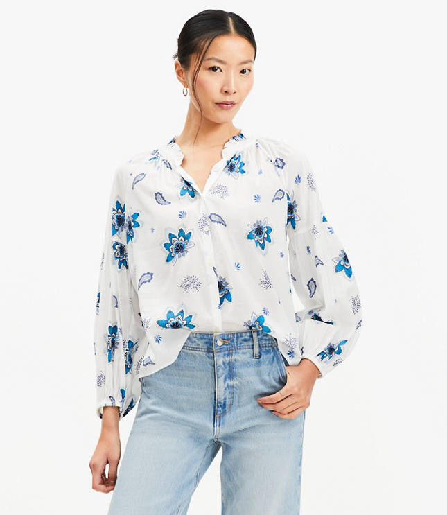 Petite Paisley Ruffle Neck Poet Blouse