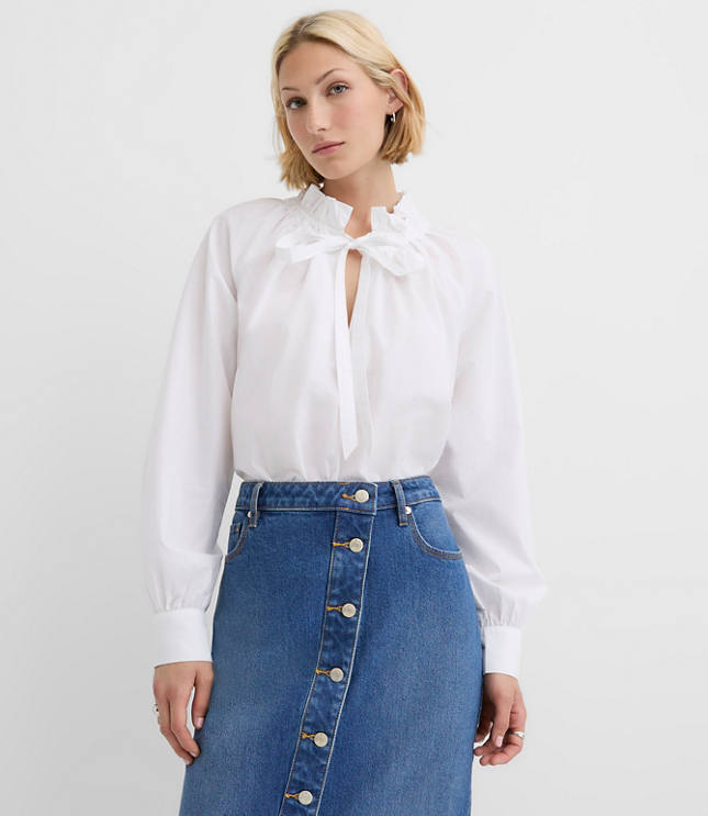 Poplin Ruffle Neck Bow Blouse