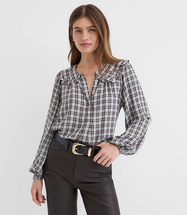 Plaid Ruffle Collar Shirred Henley Blouse