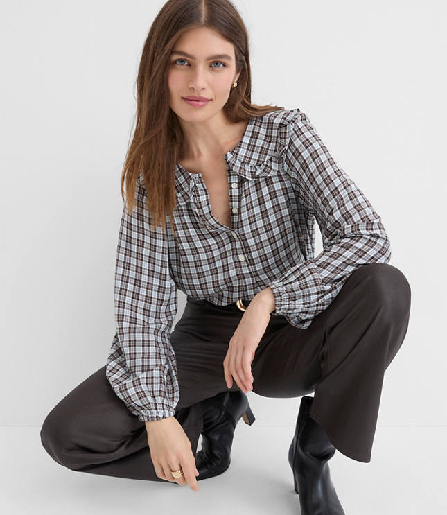Plaid Ruffle Collar Shirred Henley Blouse
