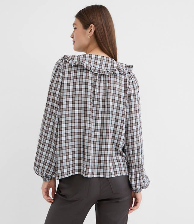 Plaid Ruffle Collar Shirred Henley Blouse