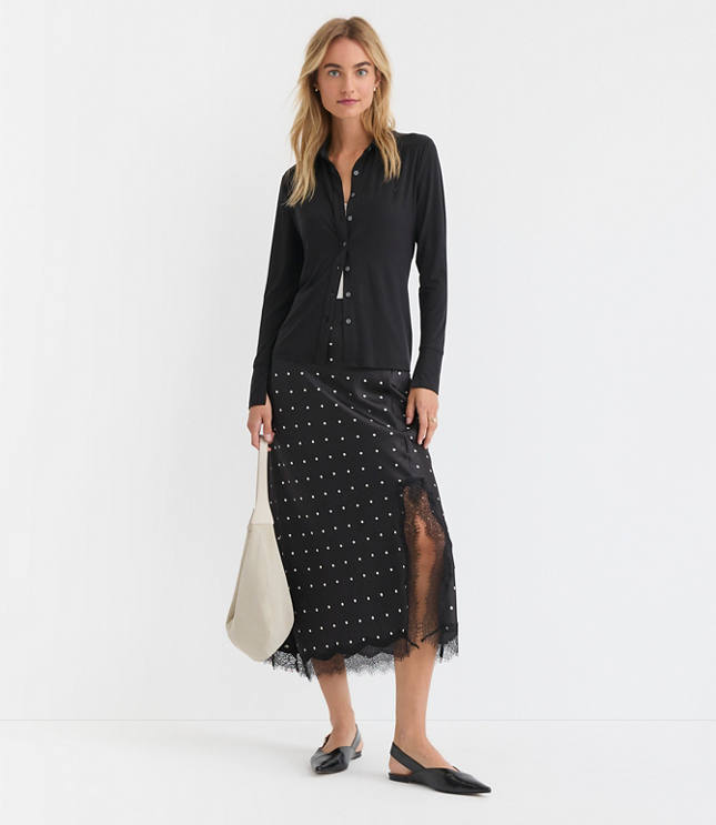 Dotted Lace Trim Satin Bias Midi Skirt