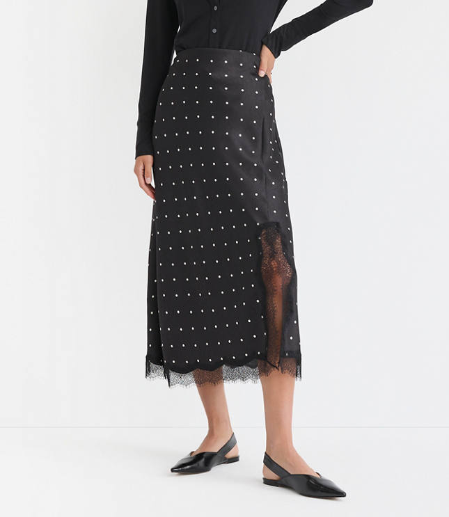 Dotted Lace Trim Satin Bias Midi Skirt