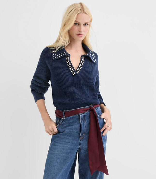 Studded Ribbed Collared Split Neck Sweater