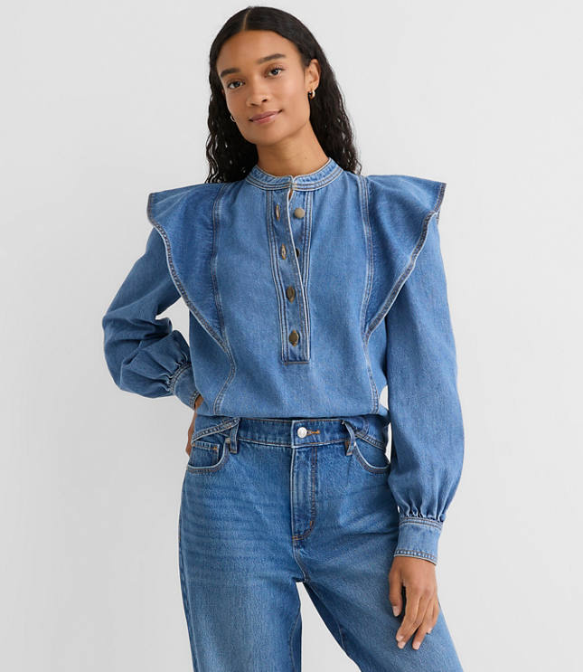 Ruffle Denim Shirt in Light Wash