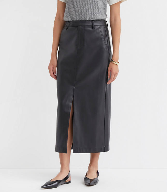 Petite Faux Leather Midi Pocket Skirt