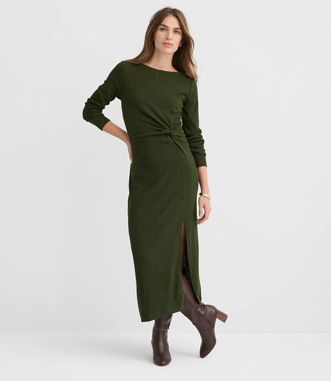 Petite Ribbed Side Twist Midi Dress