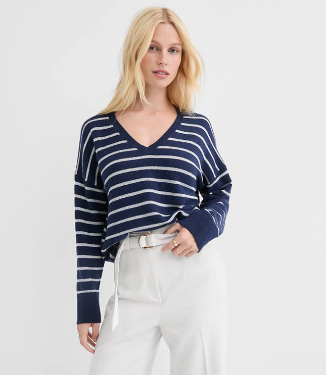 Shimmer Stripe V-Neck Relaxed Everyday Sweater