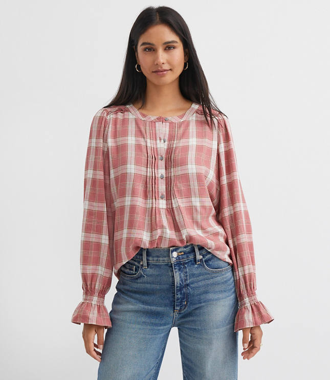 Petite Plaid Pleated Henley Blouse