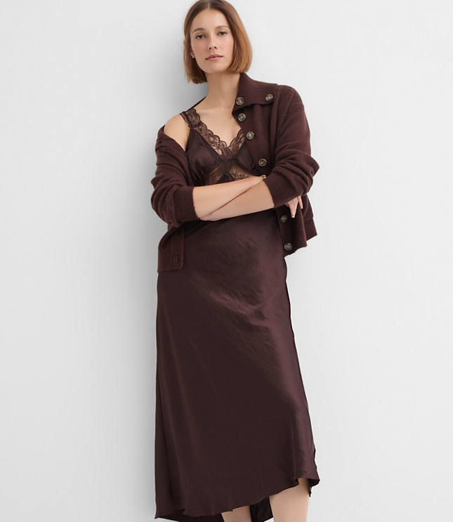 Petite Lace Trim Satin Midi Slip Dress