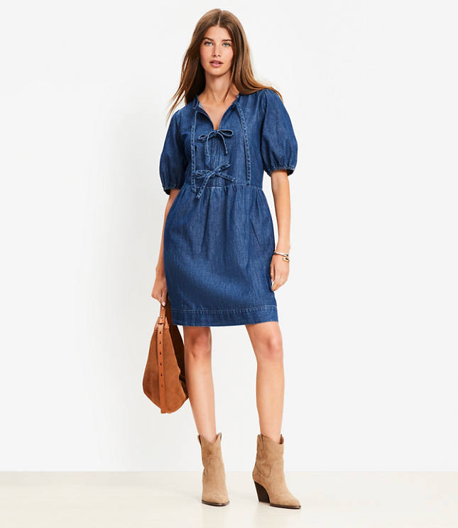 Chambray Bow Mini Pocket Dress