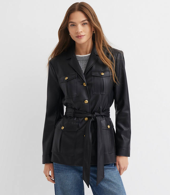 Petite Faux Leather Belted Jacket