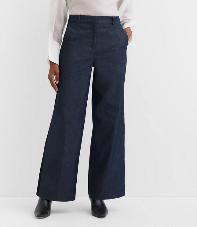 Velvet Tuxedo Stripe Clean Wide Leg Pants in Refined Denim