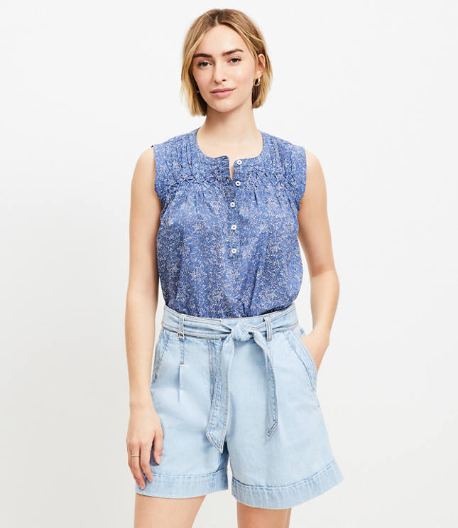 Paisley Pleated Yoke Mixed Media Top