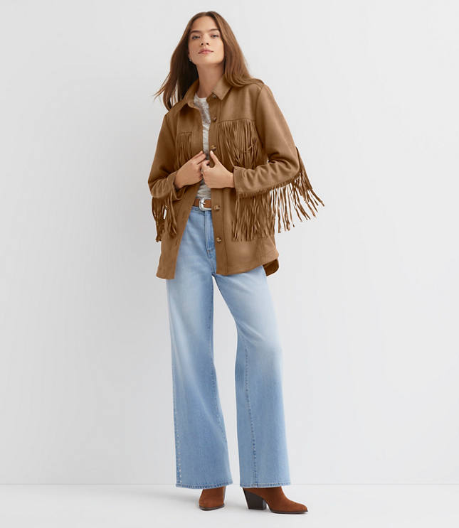 Petite Fringe Faux Suede Shirt Jacket