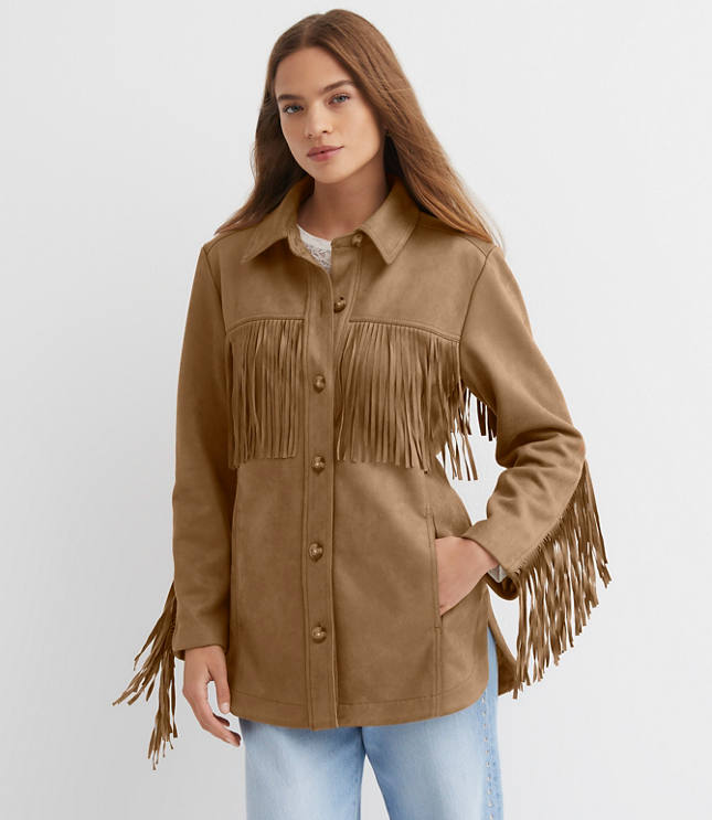 Petite Fringe Faux Suede Shirt Jacket