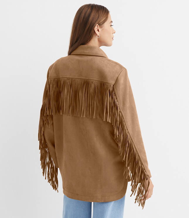 Petite Fringe Faux Suede Shirt Jacket