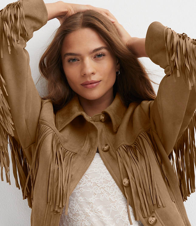 Petite Fringe Faux Suede Shirt Jacket
