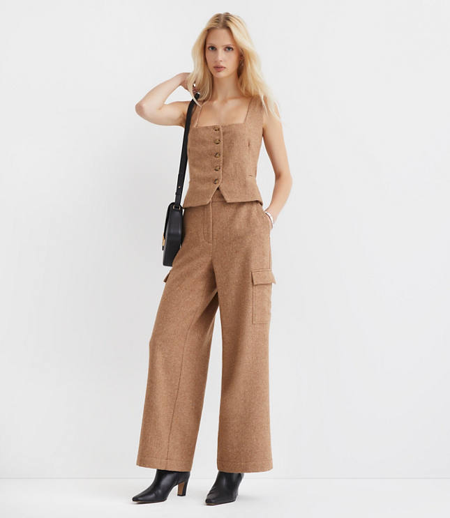 Petite Fluid Pull On Wide Leg Cargo Pants Herringbone