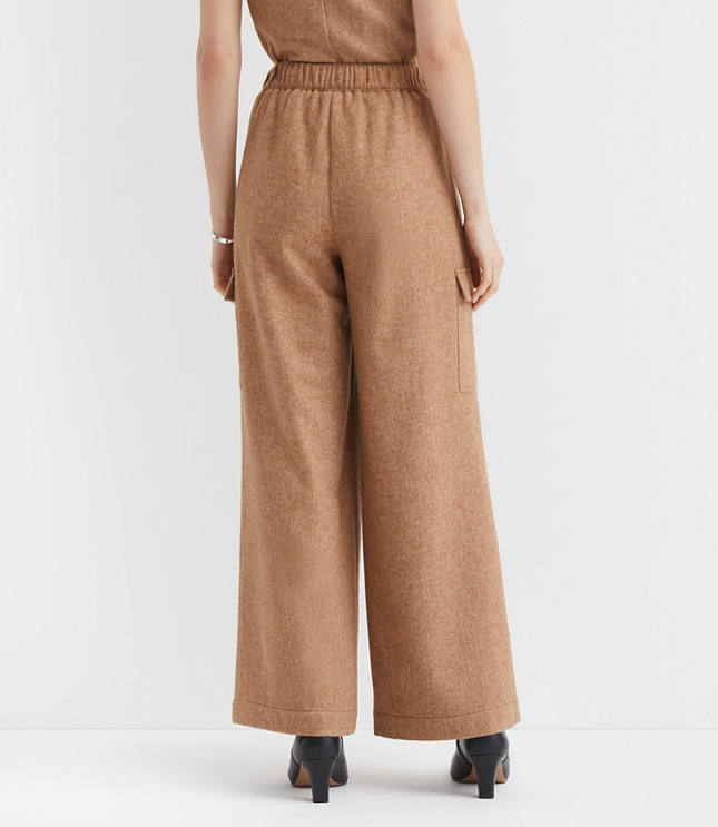 Petite Fluid Pull On Wide Leg Cargo Pants Herringbone