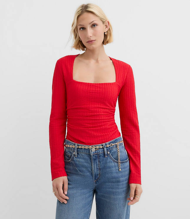 Textured Ruched Square Neck Top