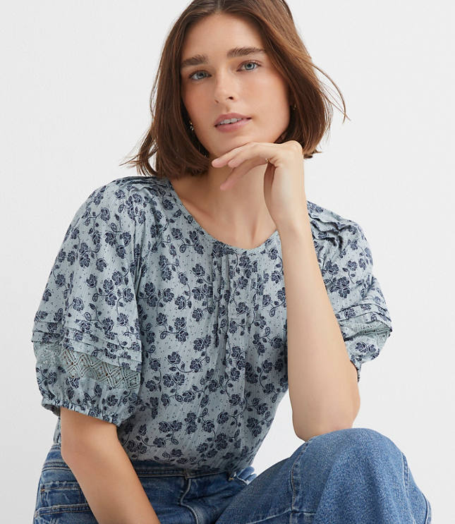 Petite Floral Lace Trim Pintucked Blouse