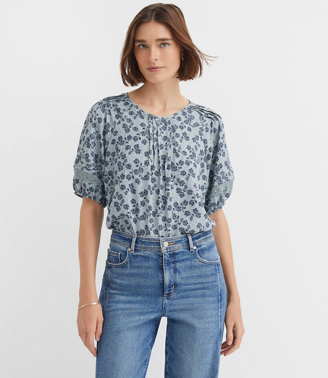 Petite Floral Lace Trim Pintucked Blouse