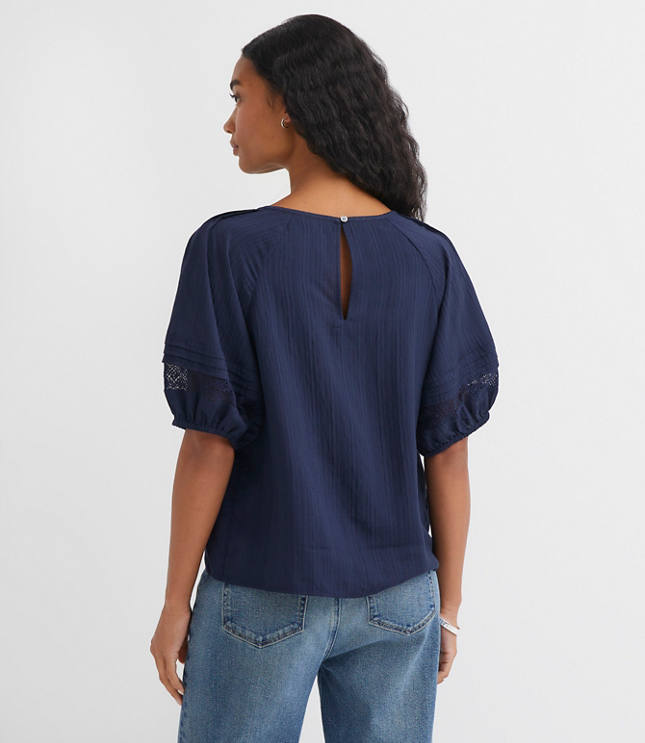 Petite Striped Lace Trim Pintucked Blouse