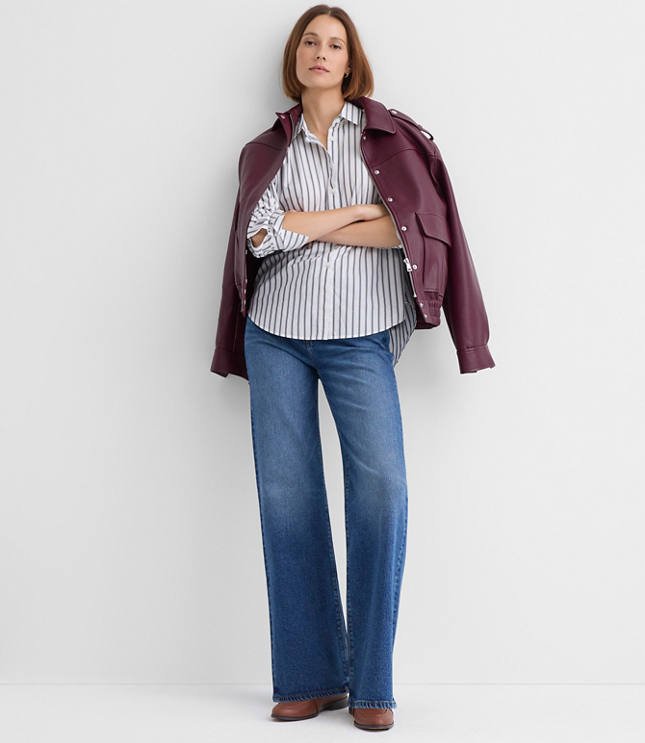 Petite Striped Poplin Cutout Back Tunic Shirt