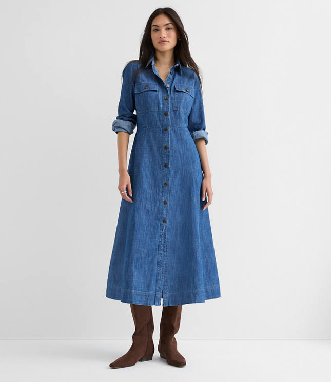 Chambray Seamed Midi Pocket Shirtdress