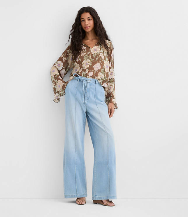 Tie Waist High Rise Palazzo Jeans in Light Wash