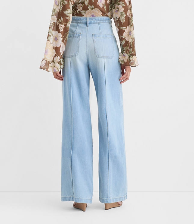 Tie Waist High Rise Palazzo Jeans in Light Wash