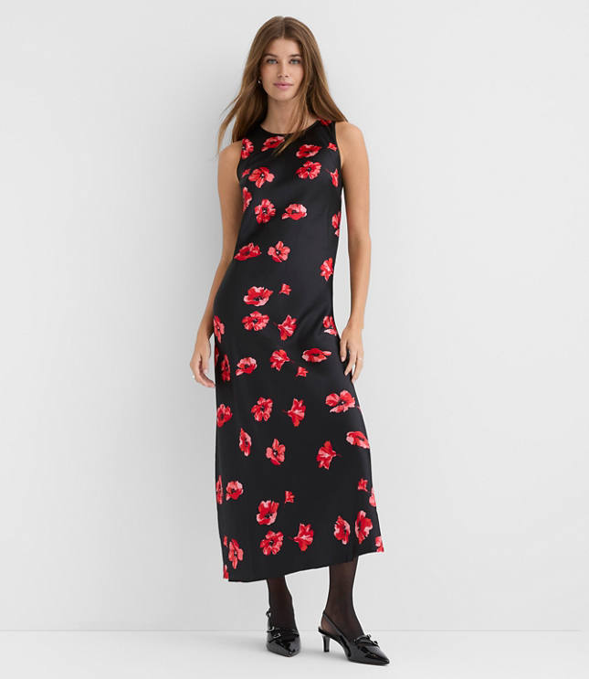 Floral Satin Bias Midi Dress