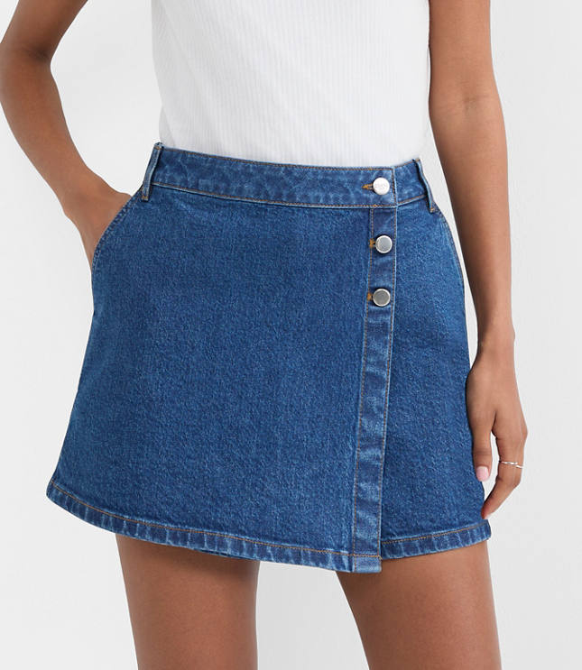 Denim Wrap Skort in Medium Stone Wash