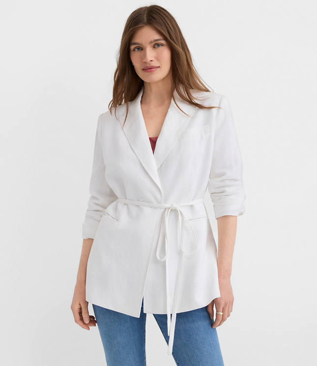 Linen Blend Tie Waist Modern Blazer