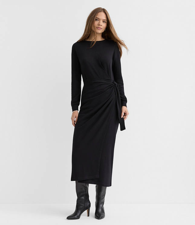 Terry Side Pleated Midi Wrap Dress
