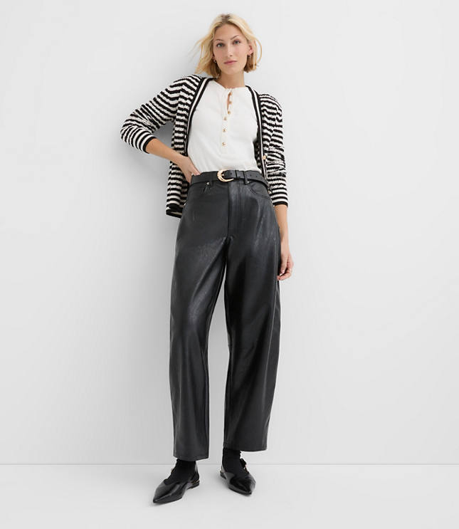 High Rise Horseshoe Seamed Barrel Jeans in Faux Leather