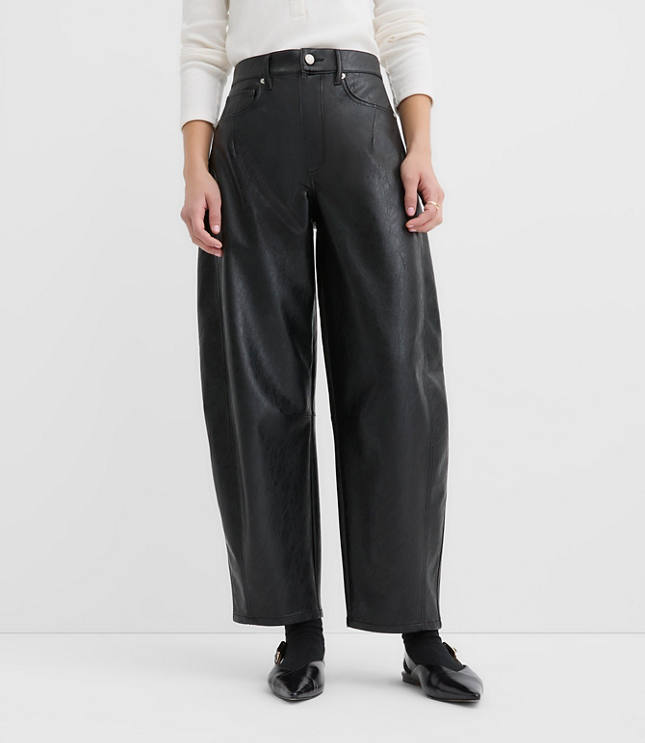 High Rise Horseshoe Seamed Barrel Jeans in Faux Leather
