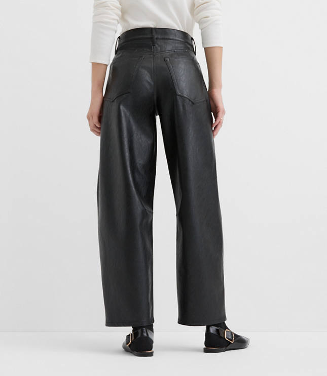 High Rise Horseshoe Seamed Barrel Jeans in Faux Leather