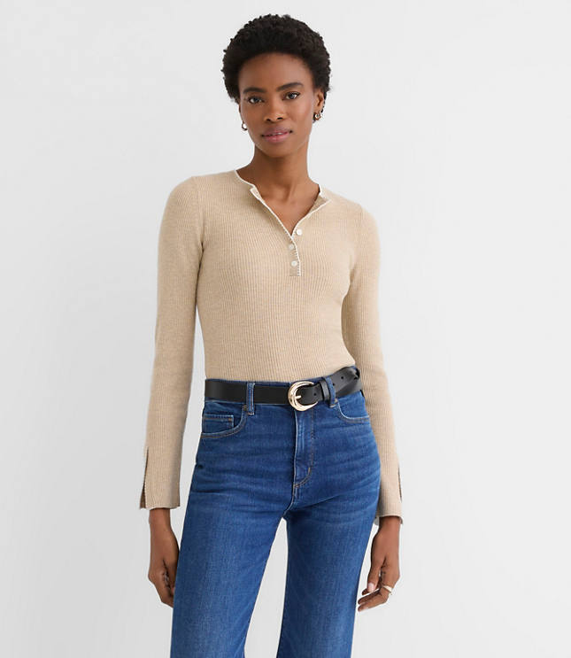 Heathered Split Cuff Henley Sweater