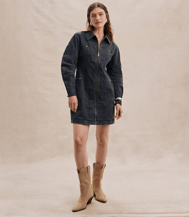Seamed Denim Zip Mini Pocket Dress in Washed Black