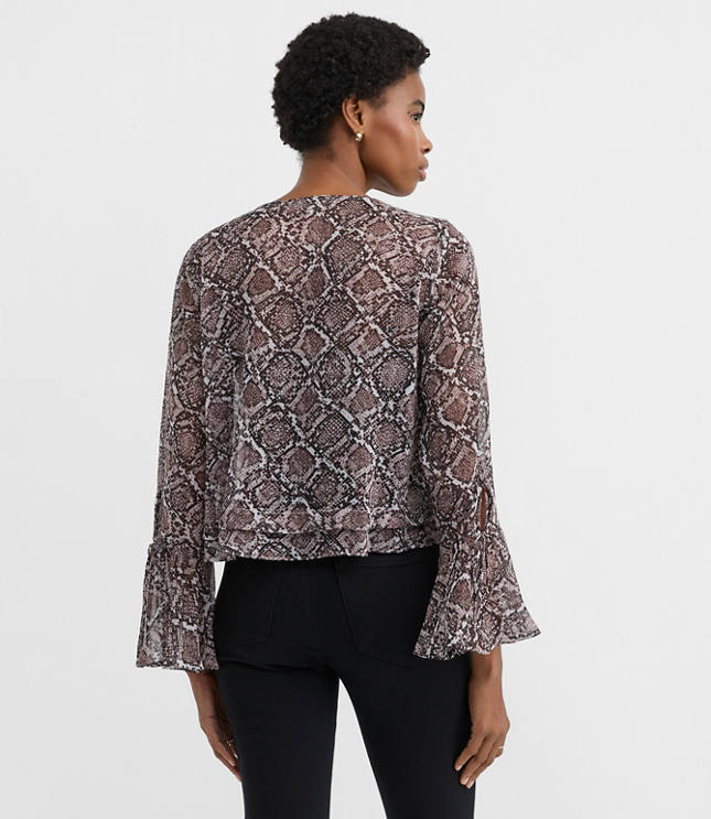 Snake Print Pintucked Bow Blouse