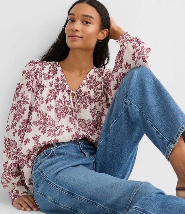 Geo Tucked Tie Neck Blouse