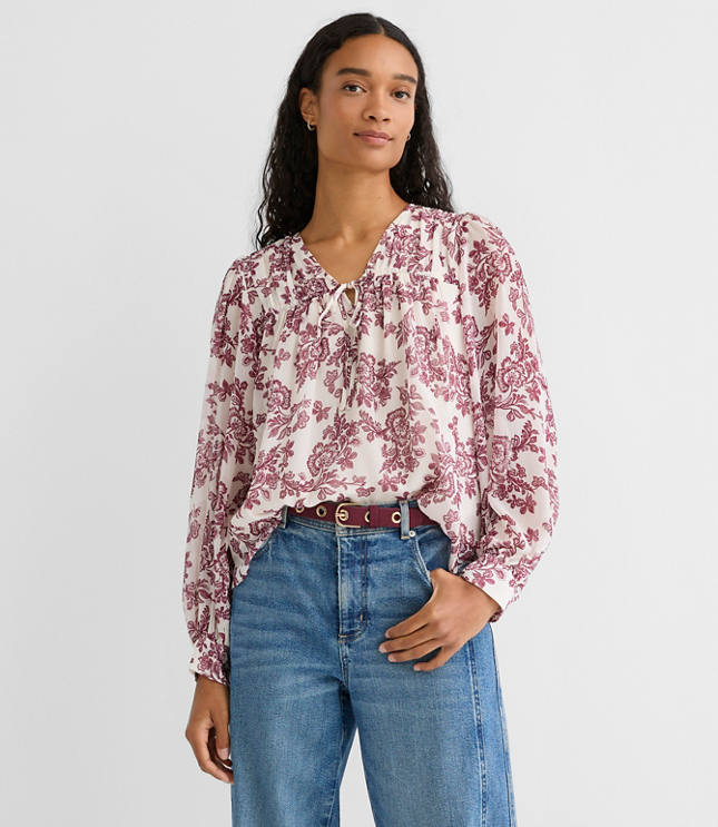 Geo Tucked Tie Neck Blouse