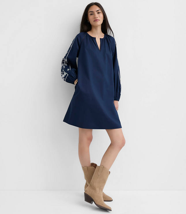 Floral Embroidered Split Neck Mini Pocket Dress